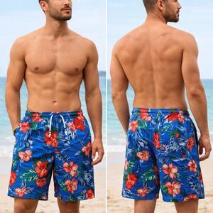 Jogal Hawaiian Shorts XXXL Blue Floral Beach Drawstring Cotton